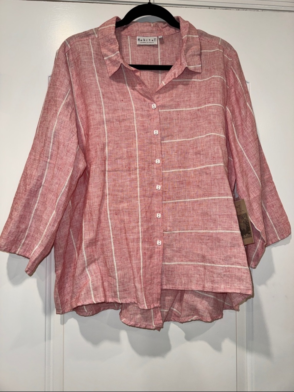 NWT Habitat Strawberry red & white striped linen button-down Shirt Sz Large